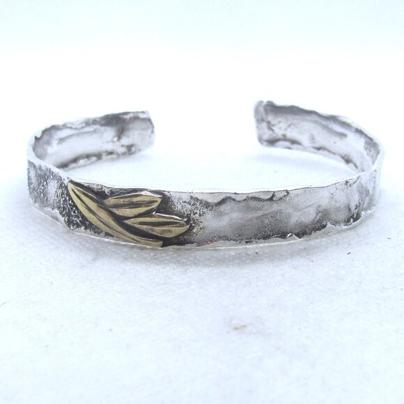 Vintage Designer Sterling Silver 925 Gold Gilded Leaves Brutalist Cuff Bracelet